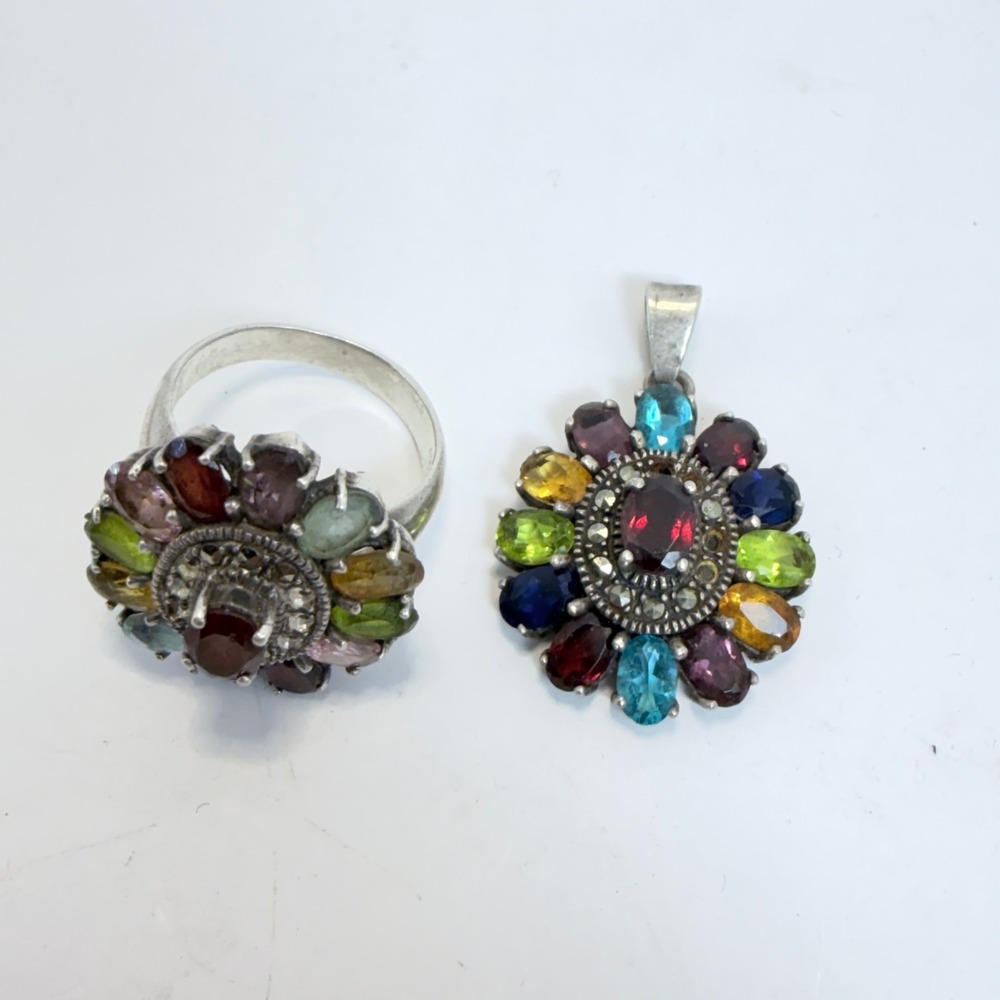 Vintage Sterling Silver Multi Gemstone Cluster Ring Size 9.5 and Pendant Set 925